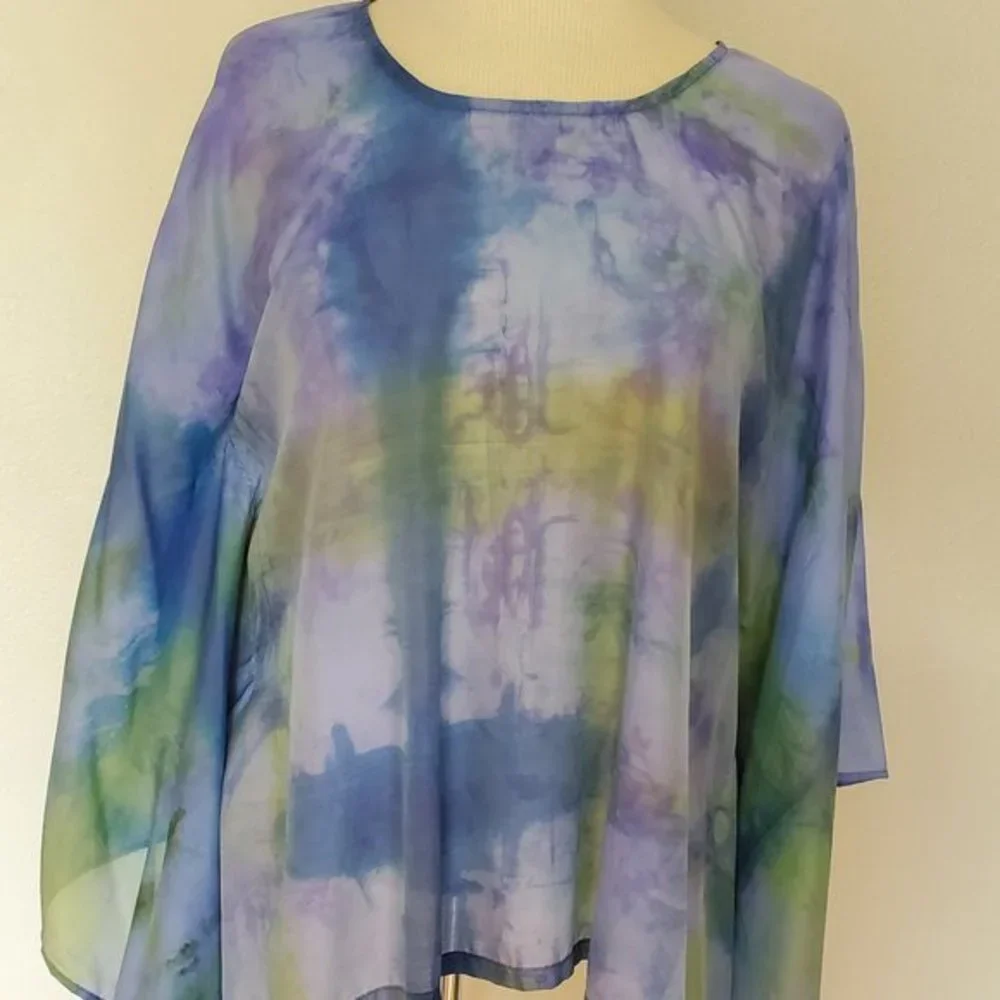NEW Silk Caftan Kaftan top batwing shirt resort S M L XL green blue painted dyed - Picture 1 of 8